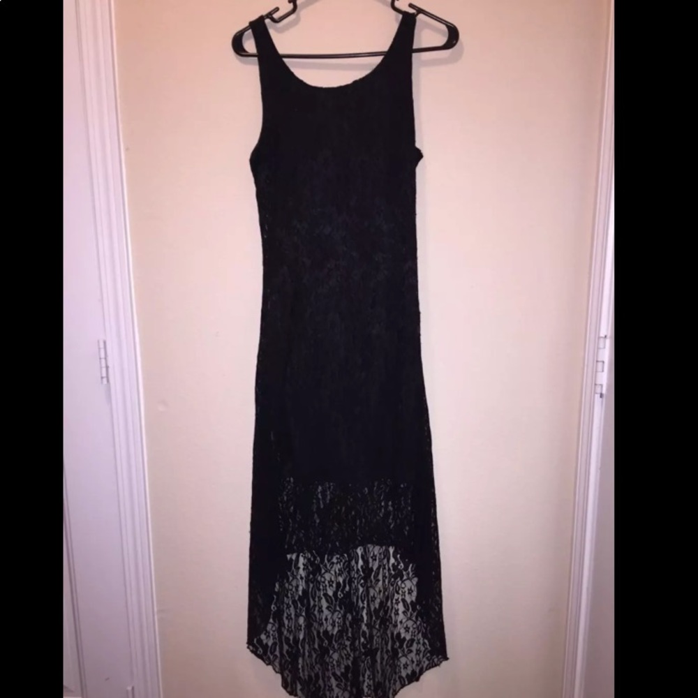 ALL LACE, form fitting, high low black dress